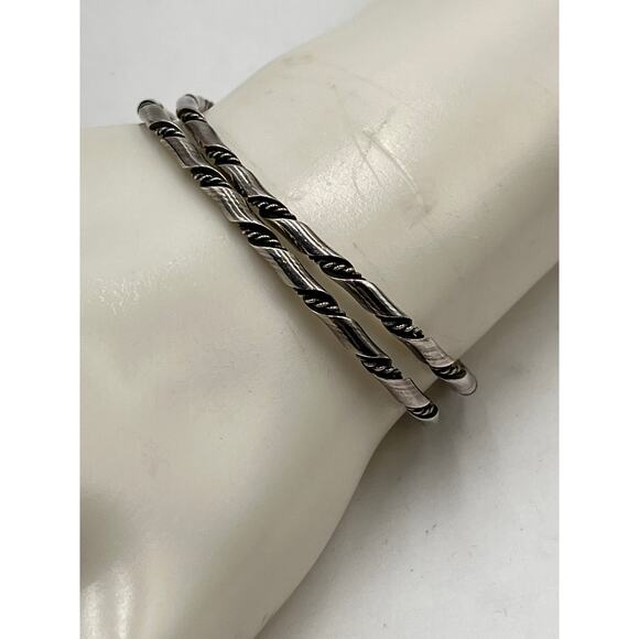 Sterling Silver 925 Vintage Navajo Rope Twist Thin Cuff Bracelet Stacked Set - Picture 3 of 8